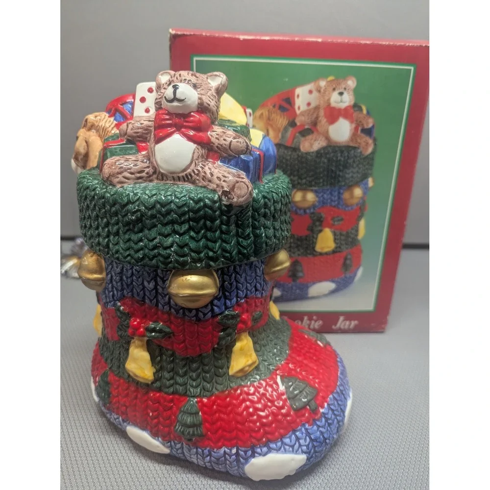 VTG Musical Christmas Stocking Cookie Jar Ceramic Teddy Bear Rocking Horse Retro